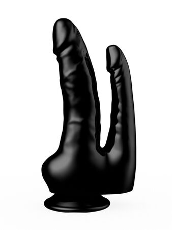 Двойной фаллоимитатор чёрного цвета на присоске - 17 см.